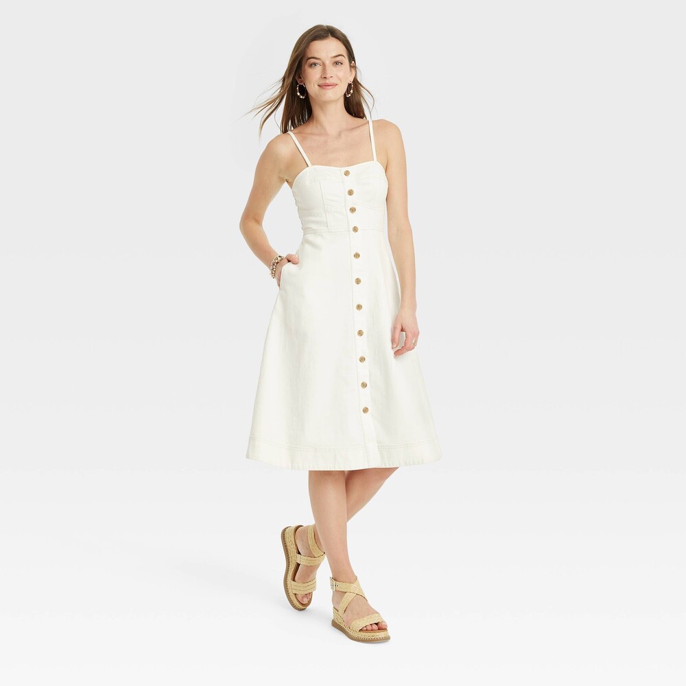 Denim Corset Midi A-Line Dress - White L NWT